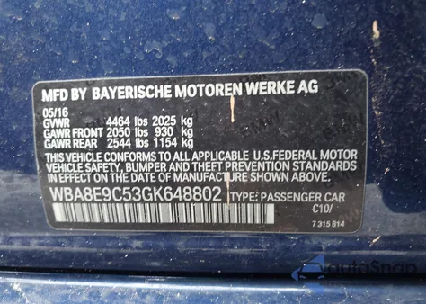 2016 BMW 328I from USA, damaged, VIN WBA8E9C53GK648802